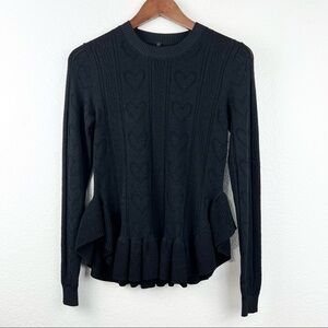 Unbranded Black Pointelle Sweater with Hearts and Dolphin Hem, Size Small